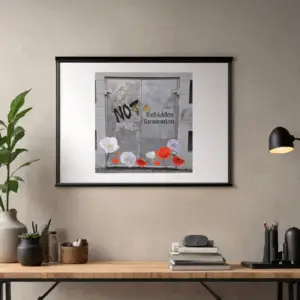 Ilustración de arte urbano con puerta metálica, graffiti y flores rojas y blancas
