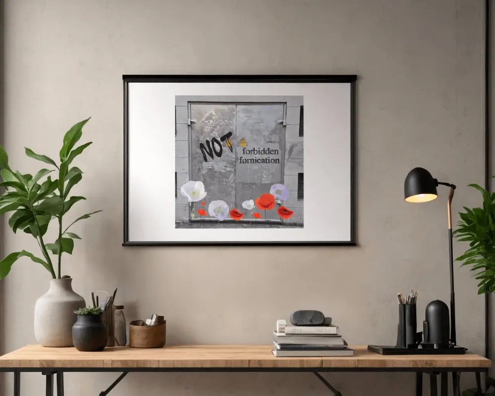 Ilustración de arte urbano con puerta metálica, graffiti y flores rojas y blancas