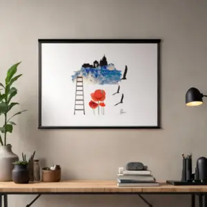 Ilustracion original de Madrid en una nube con flores